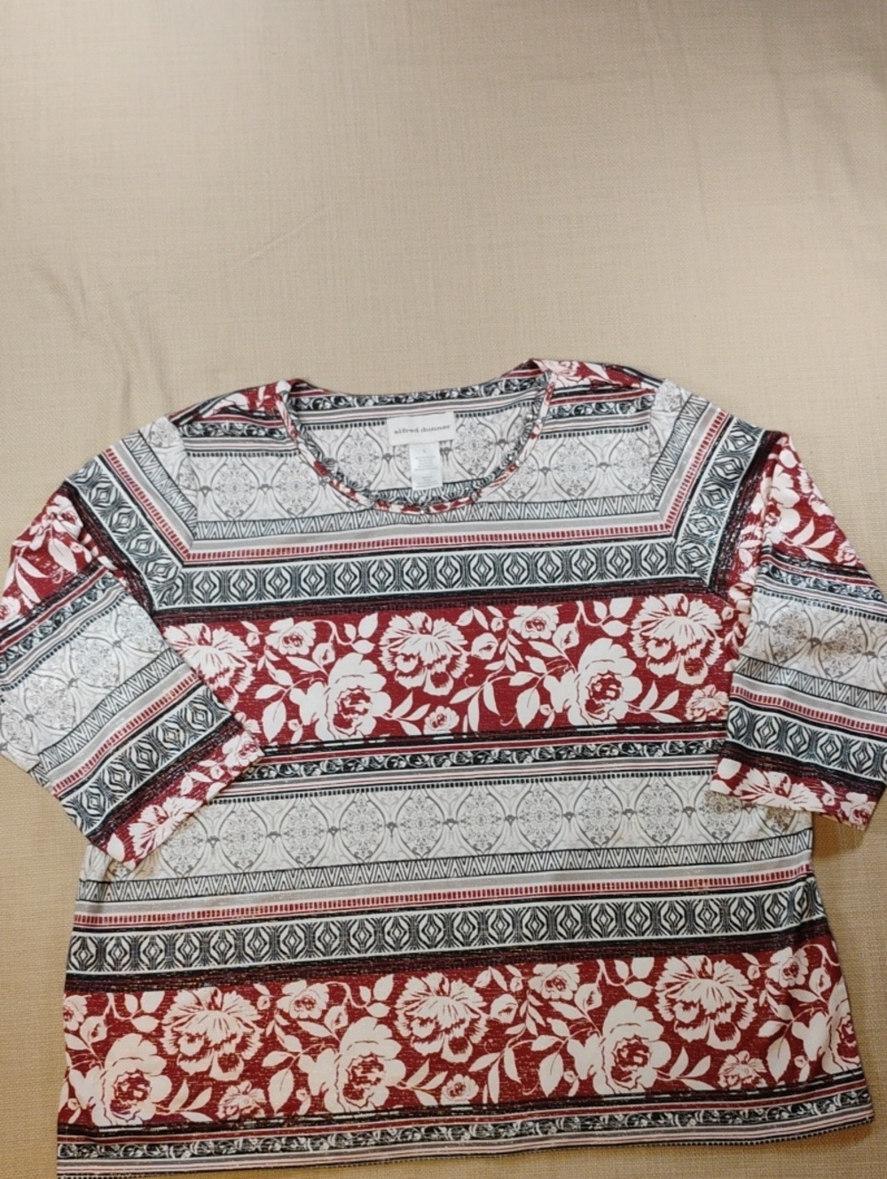 Alfred Dunner Burgundy Floral & Stripe Short Sleeve Top